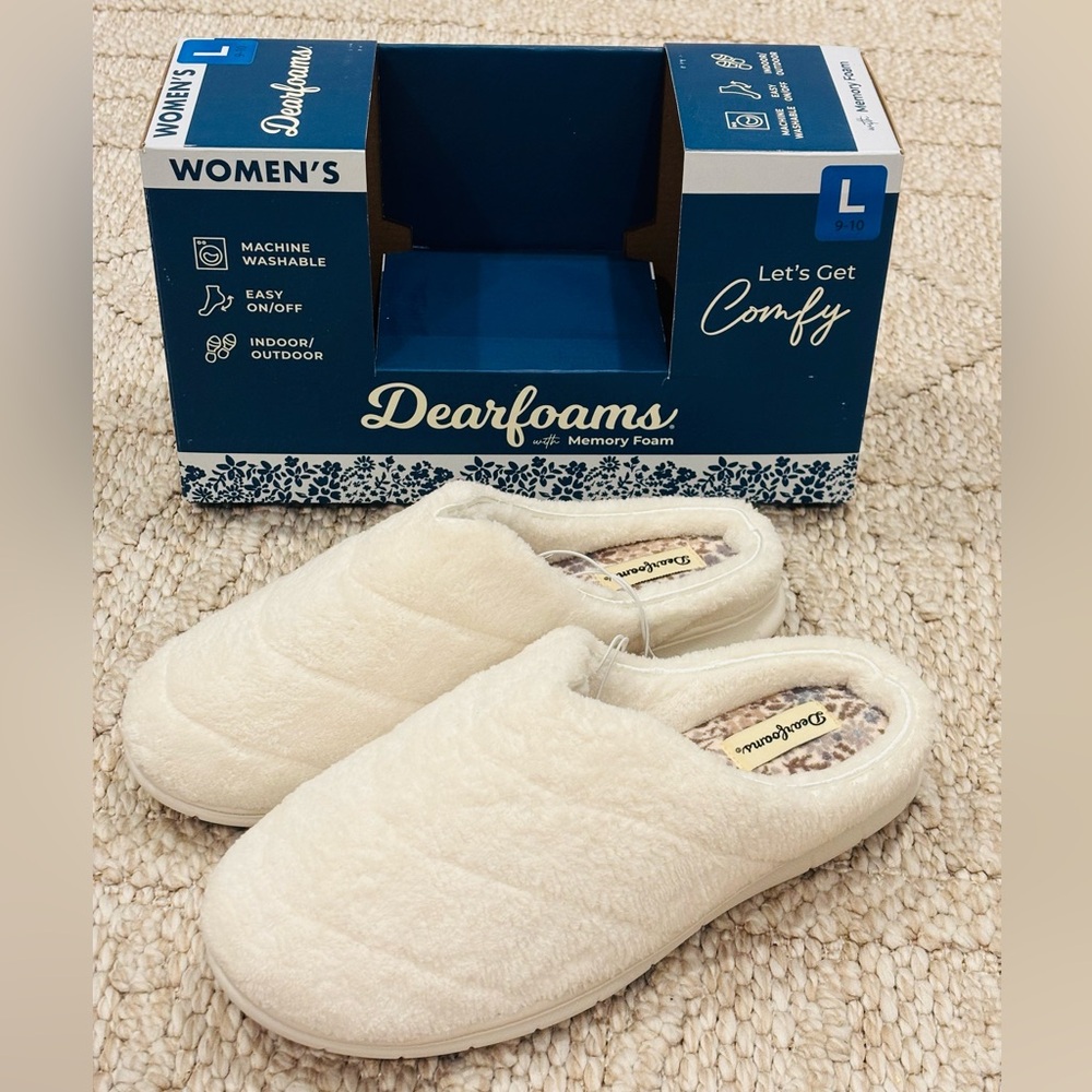 NEW Dearfoams Womens Memory Foam Slipper White Large 9-10 Indoor Outdoor Easy On